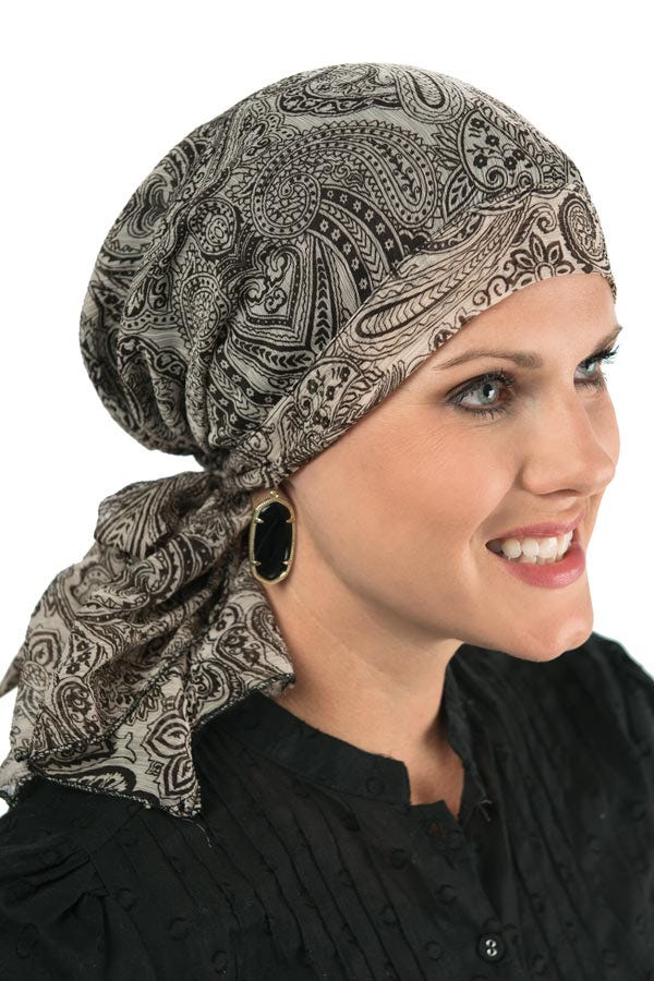 So simple pre-tied scarf in creme brule paisley - cancer scarves for women with hair loss and chemotherapy